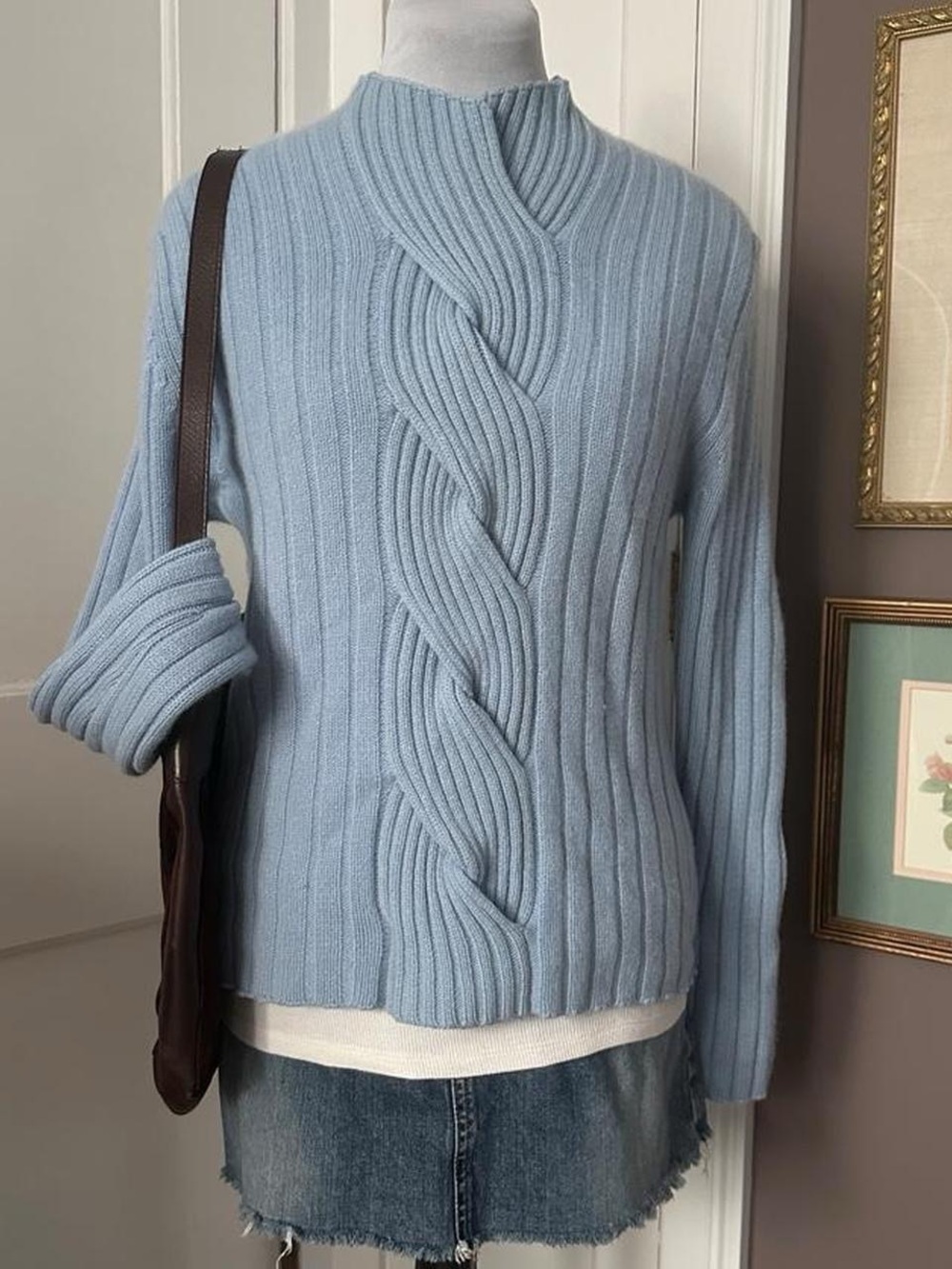 Katie & Elie baby blue ribbed fitted cable-knit quality soft cashmere sweater